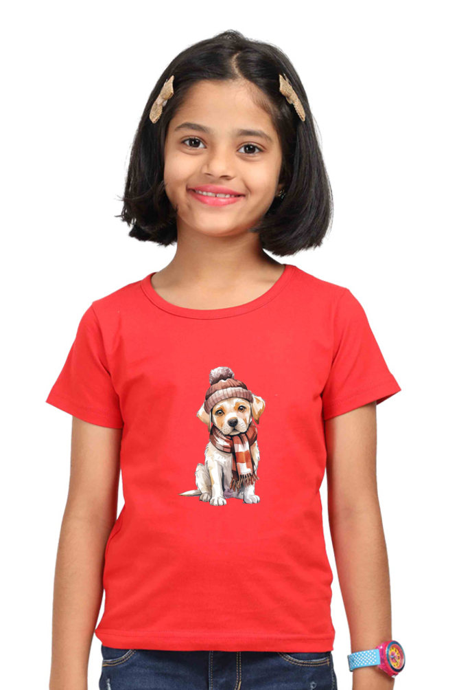 Girl's Round Neck Half Sleeve T-Shirt - "Cute Dog" Design