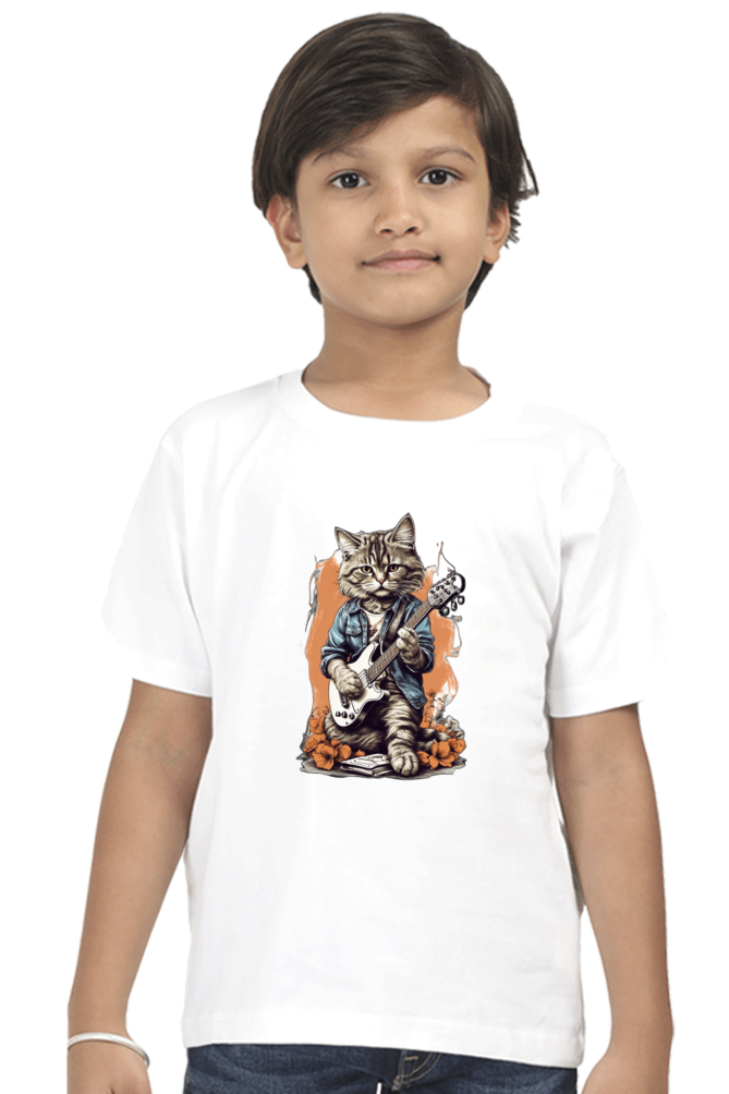 Boy's Round Neck Half Sleeve Classic T-Shirt - "Guitarist Cat" Design