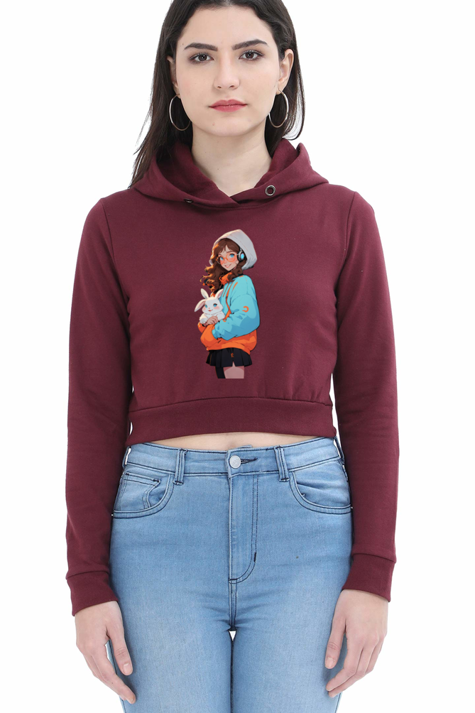 Female Crop Hoodie - "Cute Girl with Rabbit" Design