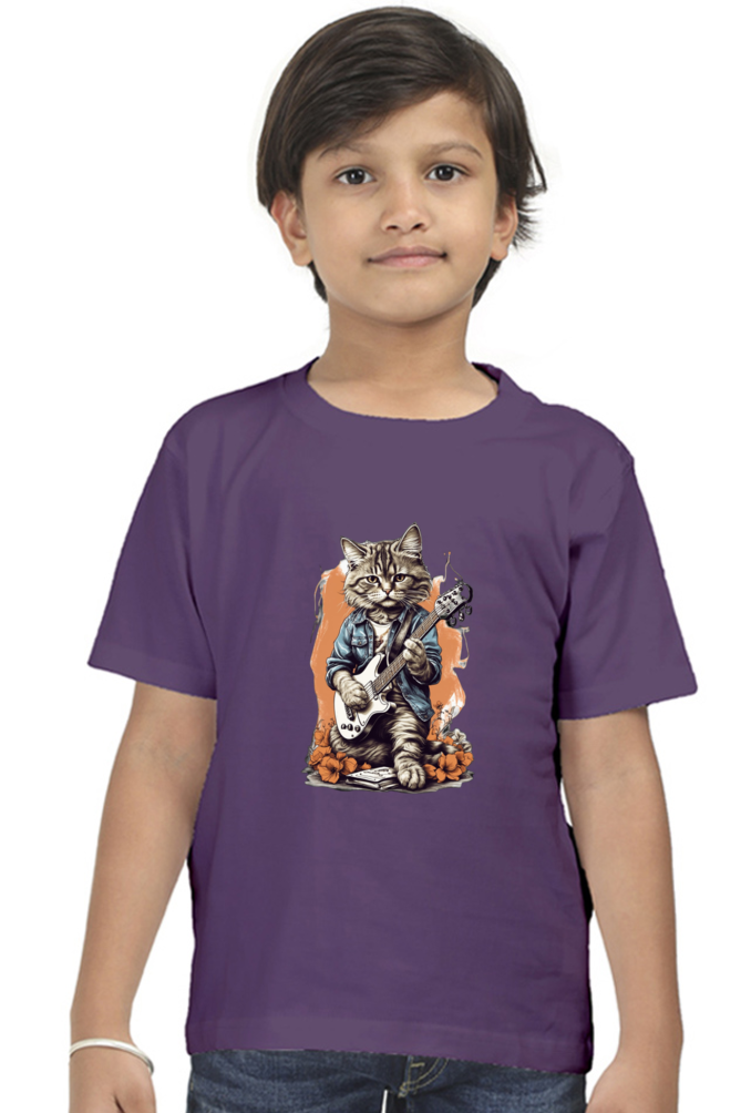 Boy's Round Neck Half Sleeve Classic T-Shirt - "Guitarist Cat" Design