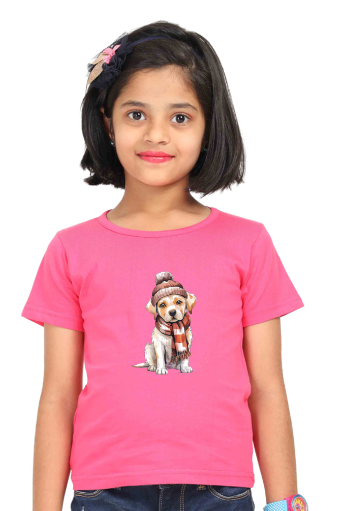 Girl's Round Neck Half Sleeve T-Shirt - "Cute Dog" Design
