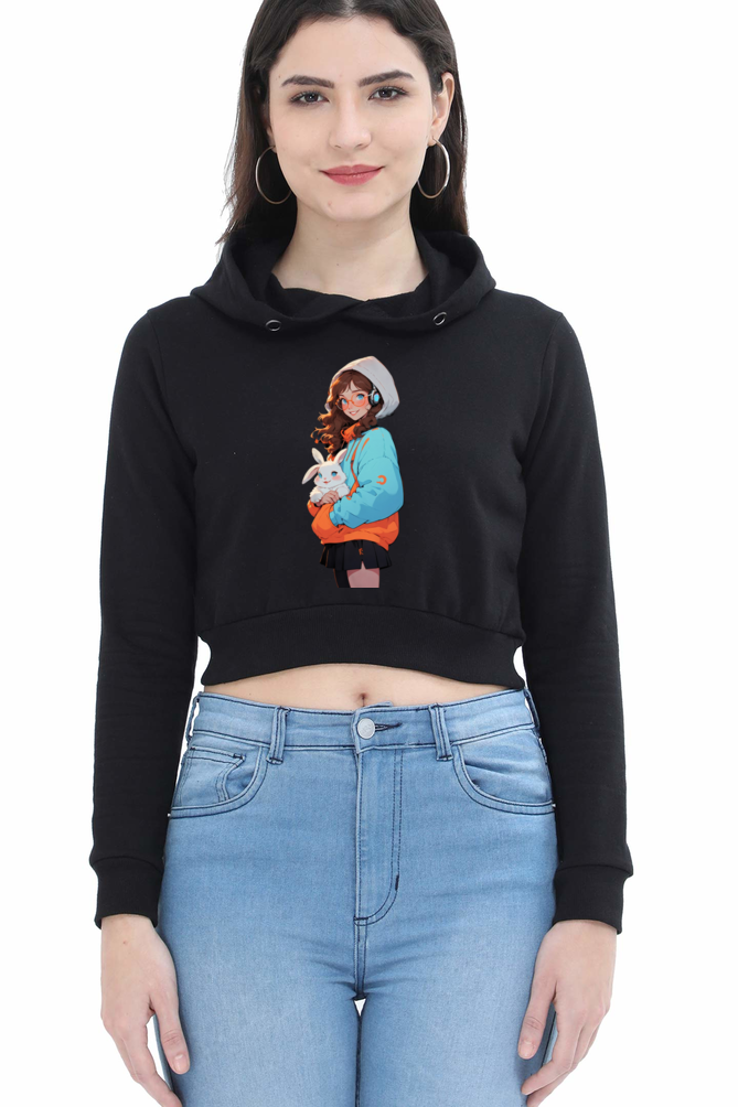 Female Crop Hoodie - "Cute Girl with Rabbit" Design