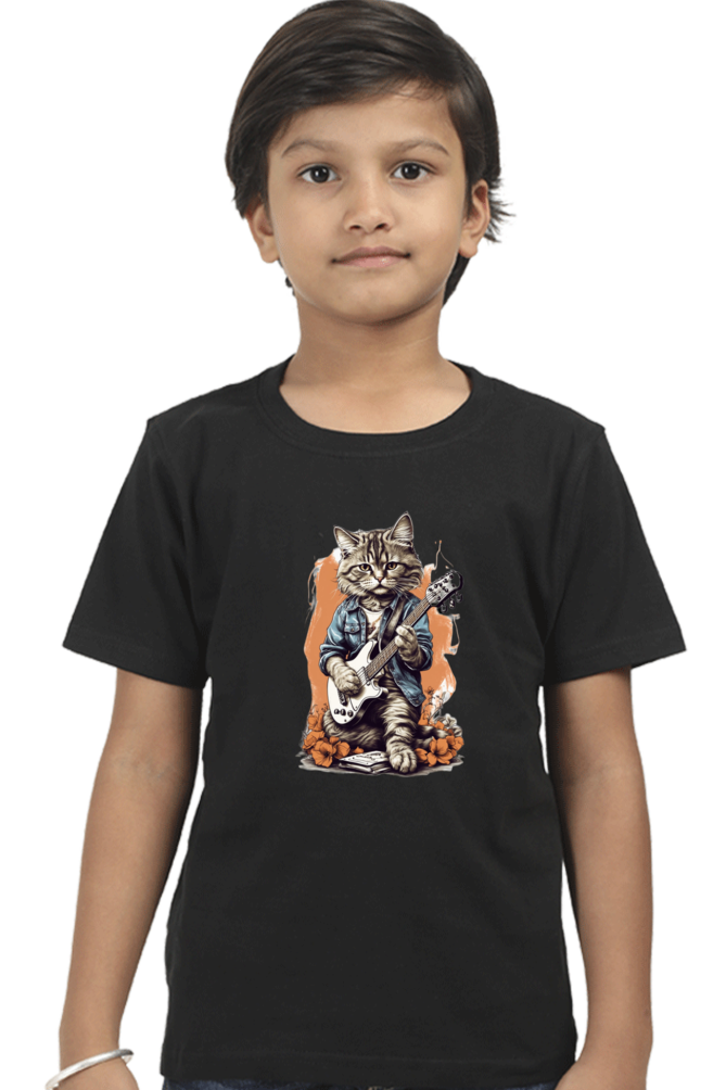 Boy's Round Neck Half Sleeve Classic T-Shirt - "Guitarist Cat" Design