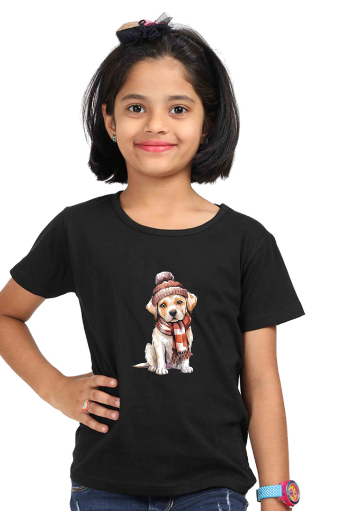 Girl's Round Neck Half Sleeve T-Shirt - "Cute Dog" Design