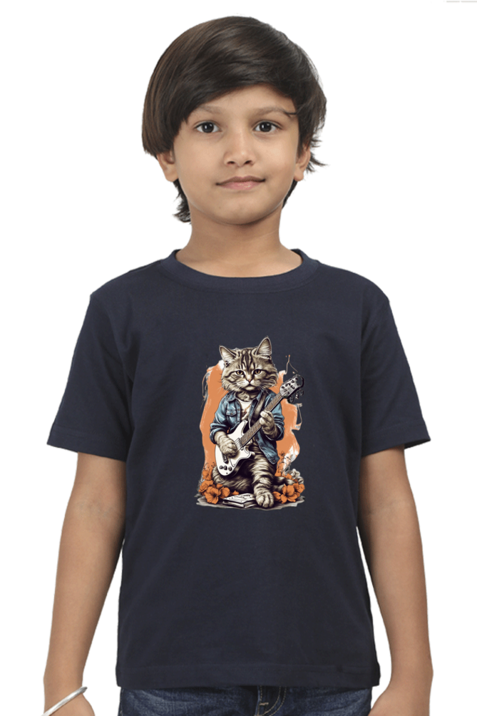 Boy's Round Neck Half Sleeve Classic T-Shirt - "Guitarist Cat" Design