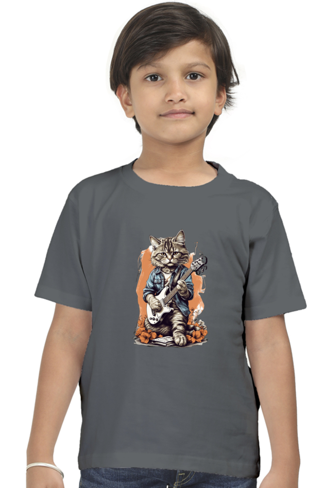 Boy's Round Neck Half Sleeve Classic T-Shirt - "Guitarist Cat" Design