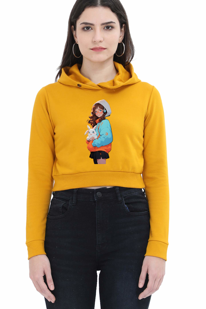 Female Crop Hoodie - "Cute Girl with Rabbit" Design