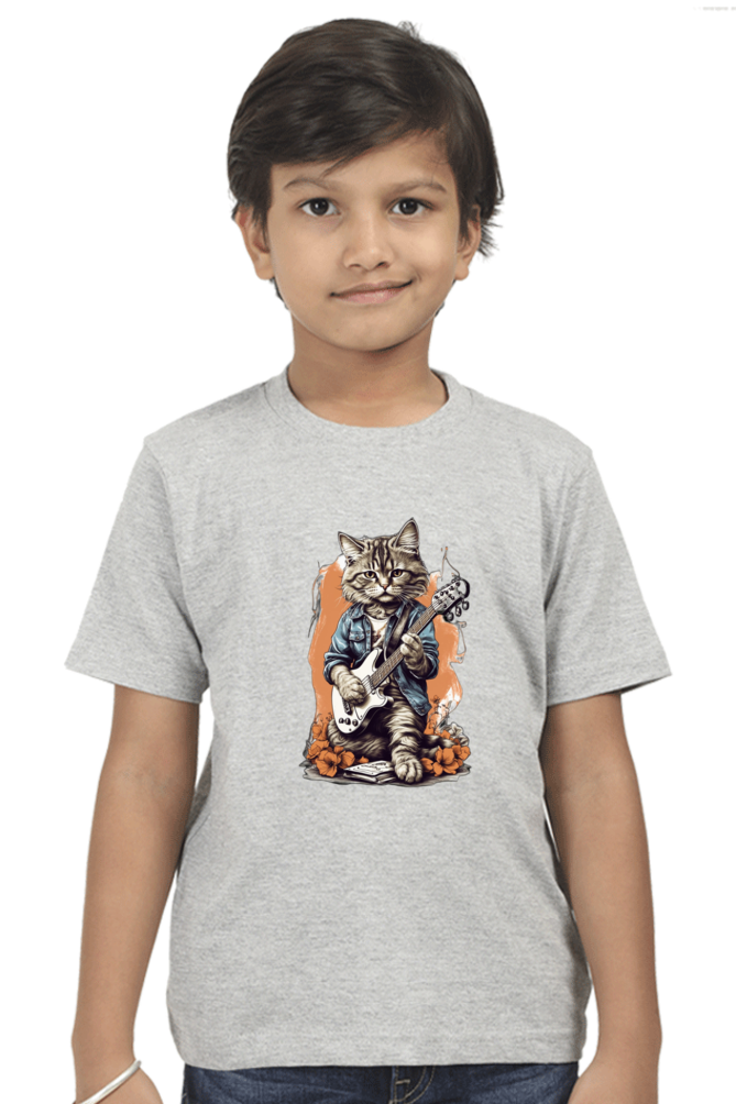 Boy's Round Neck Half Sleeve Classic T-Shirt - "Guitarist Cat" Design