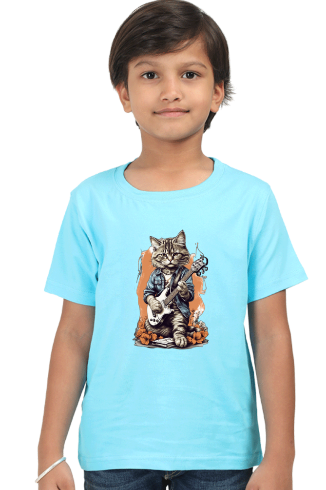 Boy's Round Neck Half Sleeve Classic T-Shirt - "Guitarist Cat" Design