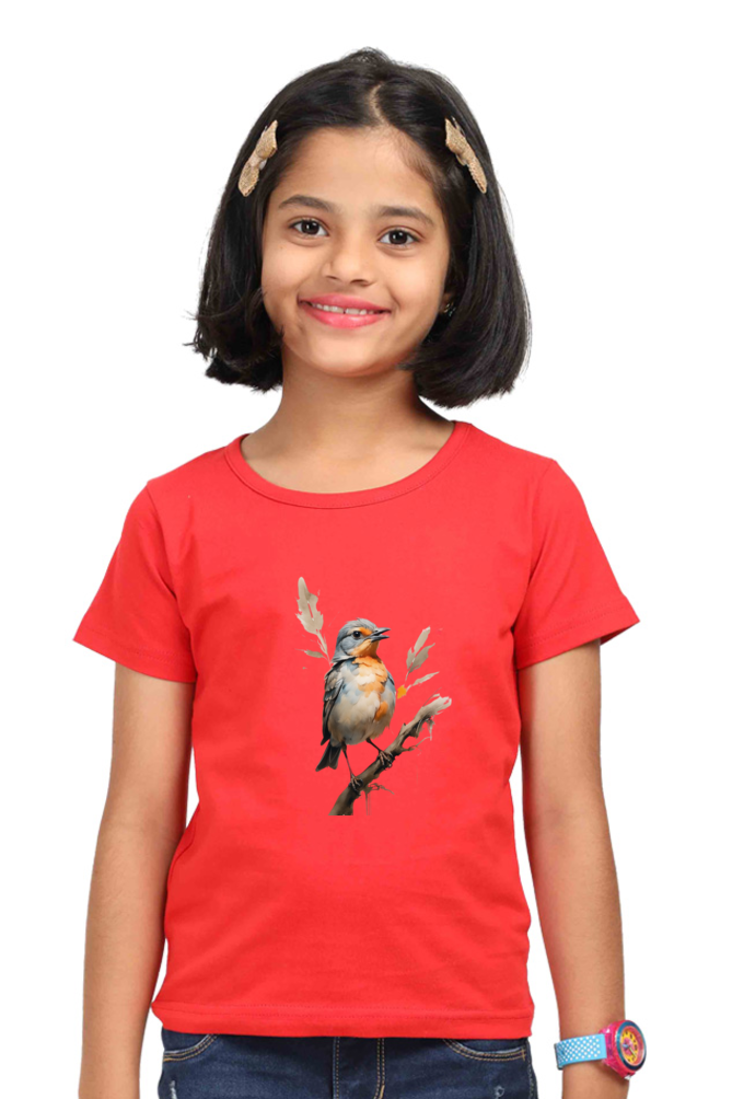 Girl's Round Neck Half Sleeve T-Shirt - "Cute Bird" Design