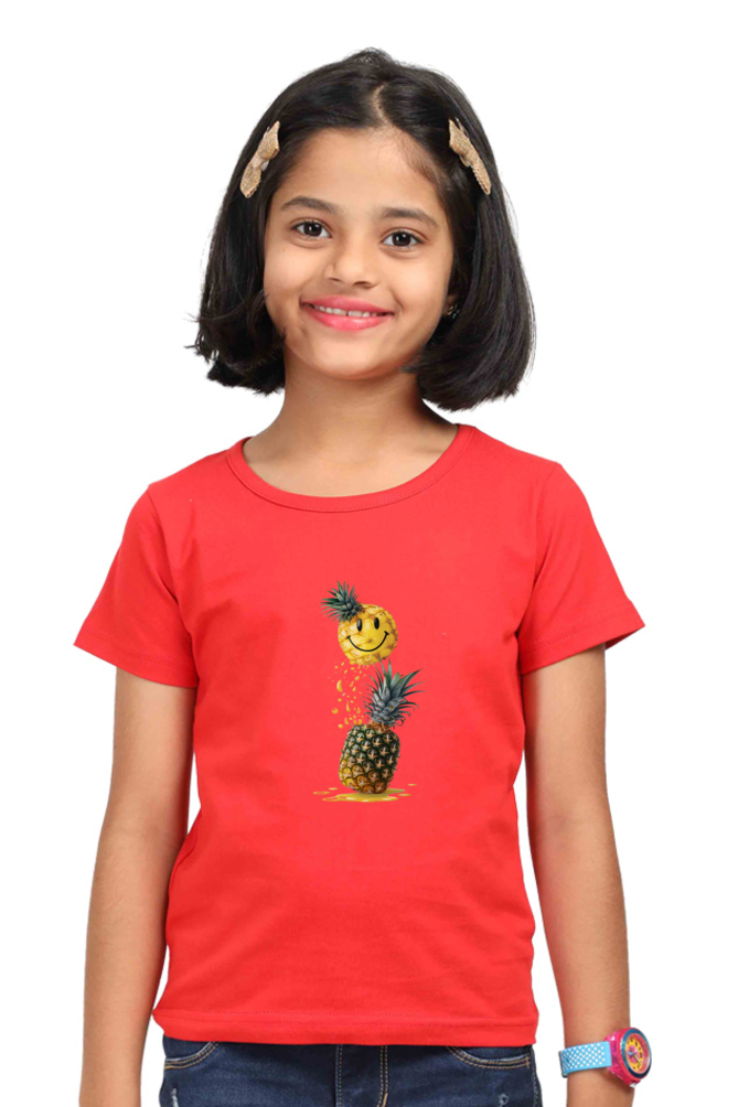 Girl's Round Neck Half Sleeve T-Shirt - "Smile Pineapple" Design