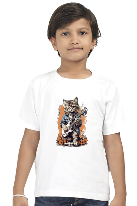 Boy's Round Neck Half Sleeve Classic T-Shirt - "Guitarist Cat" Design