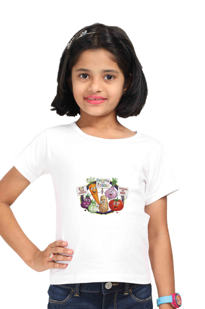 Girl's Round Neck Half Sleeve T-Shirt - "Eat Your Veggies" Design