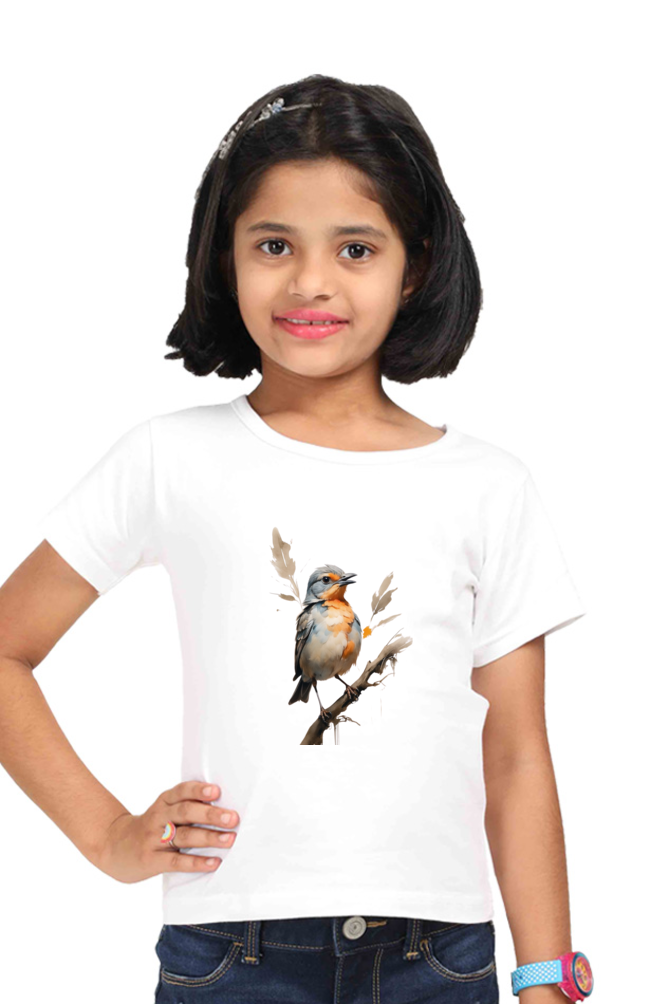 Girl's Round Neck Half Sleeve T-Shirt - "Cute Bird" Design