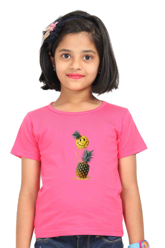 Girl's Round Neck Half Sleeve T-Shirt - "Smiley Pineapple" Design