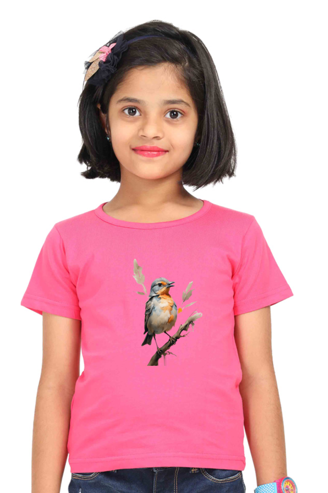 Girl's Round Neck Half Sleeve T-Shirt - "Cute Bird" Design