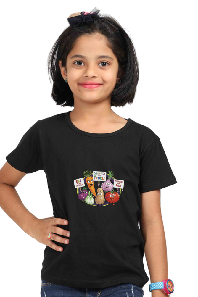 Girl's Round Neck Half Sleeve T-Shirt - "Eat Your Veggies" Design