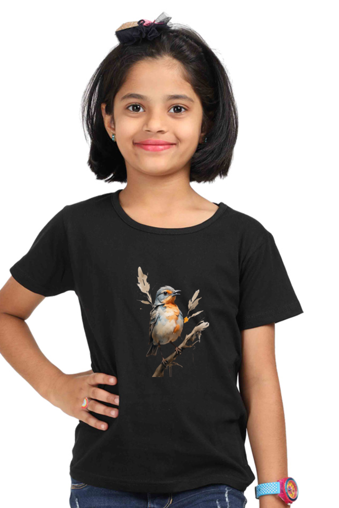 Girl's Round Neck Half Sleeve T-Shirt - "Cute Bird" Design