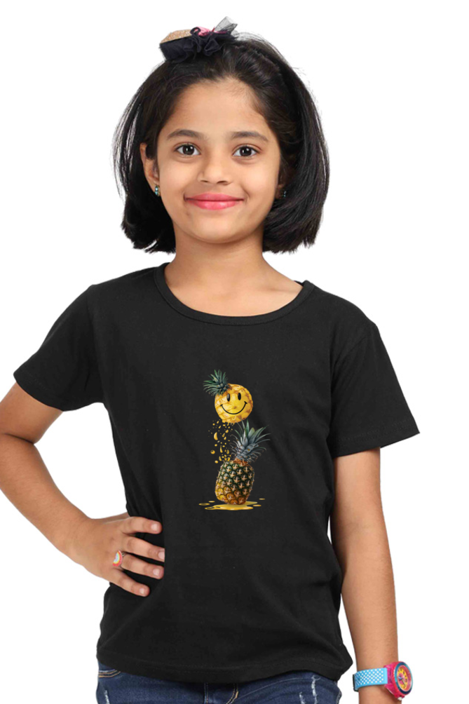 Girl's Round Neck Half Sleeve T-Shirt - "Smile Pineapple" Design