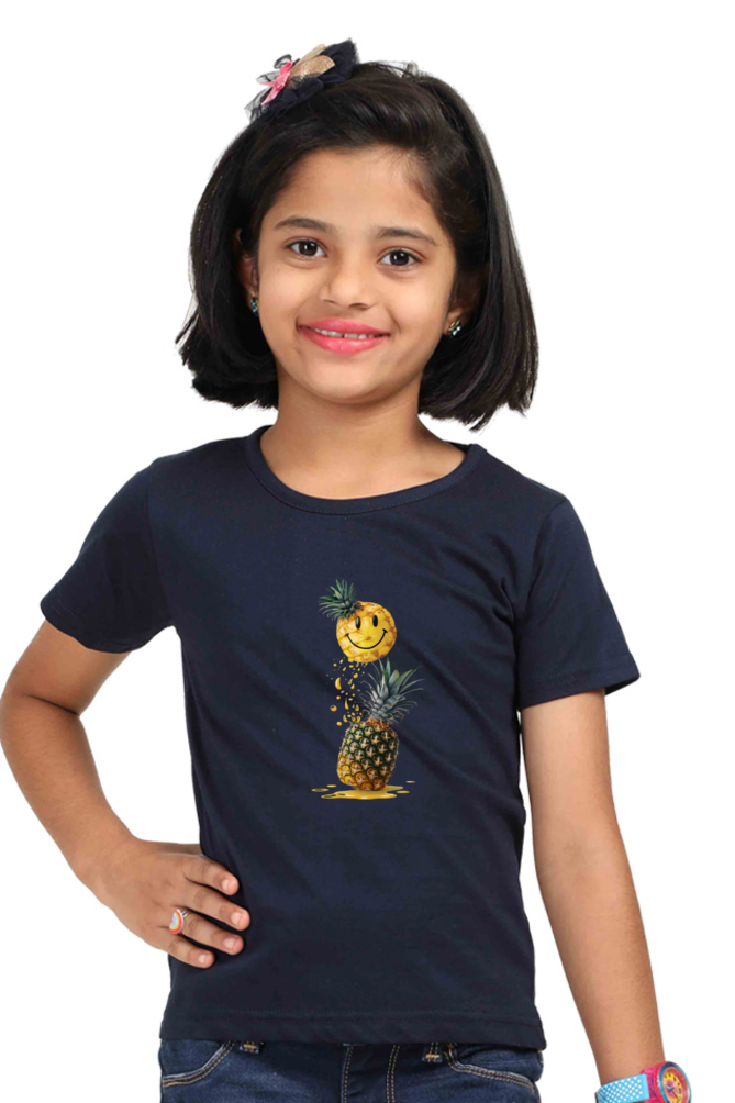 Girl's Round Neck Half Sleeve T-Shirt - "Smile Pineapple" Design