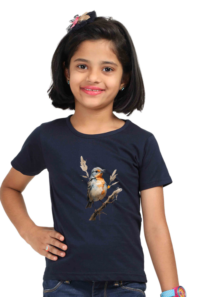 Girl's Round Neck Half Sleeve T-Shirt - "Cute Bird" Design