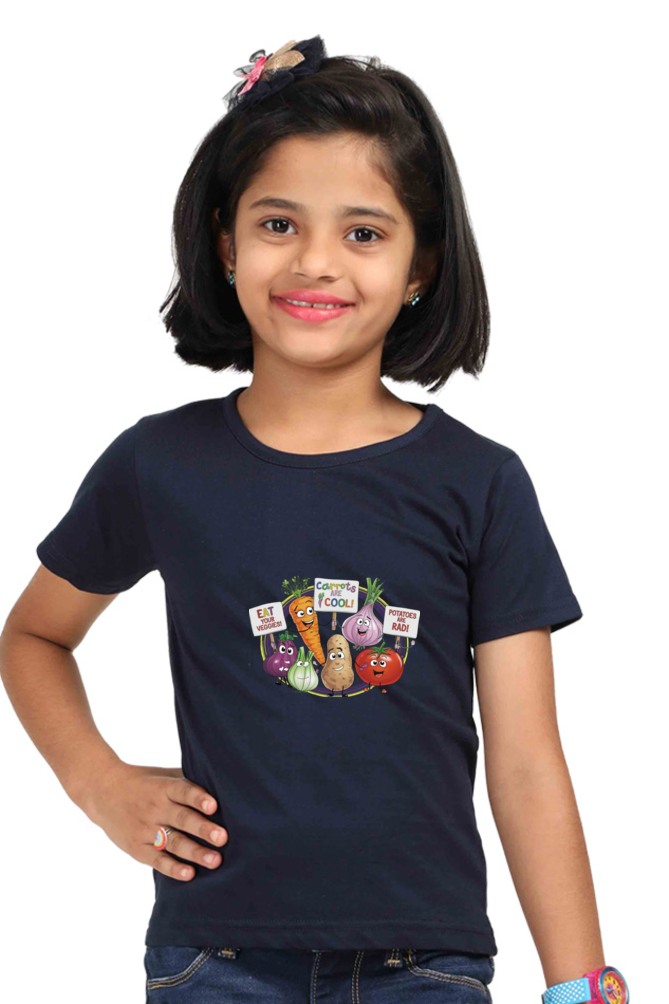 Girl's Round Neck Half Sleeve T-Shirt - "Eat Your Veggies" Design