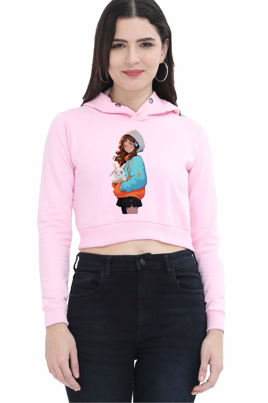 Female Crop Hoodie - "Cute Girl with Rabbit" Design